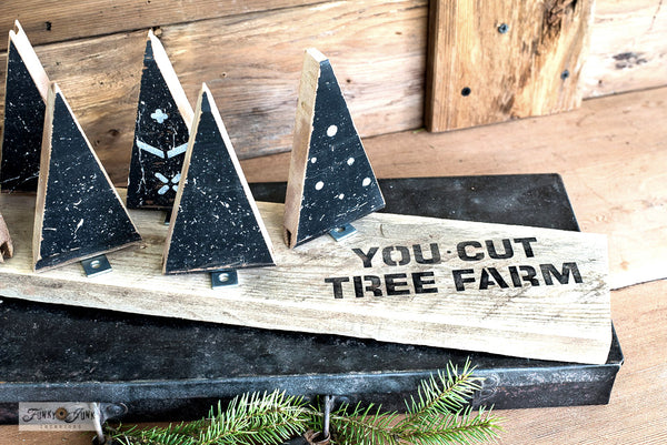 Mini Christmas Tree Signs is a versatile Christmas tree-themed stencil kit sized for smaller projects! Designed with two trees, sleigh, crate, sack, wagon, with You Cut Tree Farm, Fresh Cut Christmas Trees and Pine Spruce Fir.