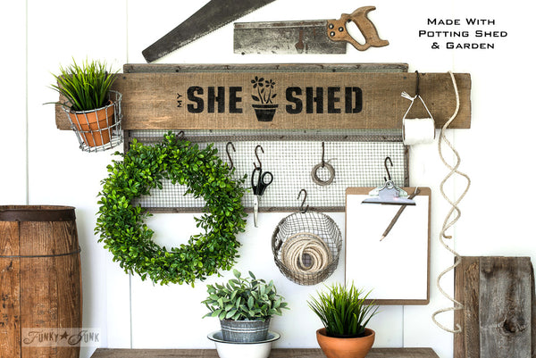 She Shed sign make with Potting Shed stencil by Funky Junk's Old Sign Stencils. Paint professional looking vintage farmhouse styled garden signs onto reclaimed wood with a stencil in minutes!