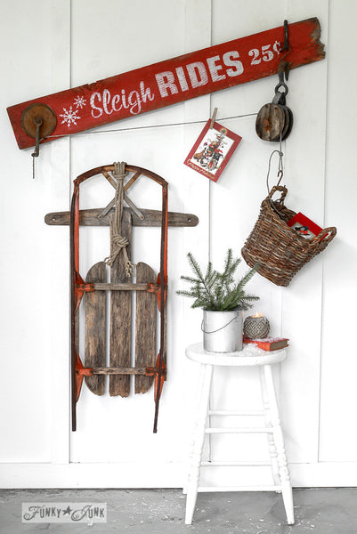 Sleigh Rides by Funky Junk's Old Sign Stencils. Create professional painted winter themed sleigh styled signs onto reclaimed wood in minutes with this festive, wintery stencil design!