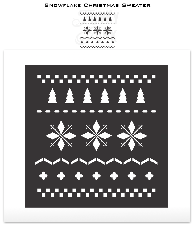 Snowflake Christmas Sweater stencil by Funky Junk's Old Sign Stencils is a repeating Christmas pattern stencil that resembles a real sweater! Images include snowflakes, Christmas trees and various stitch images. Perfectly sized to create cozy Christmas pillows, stencil furniture, or add patterns to other stencils.