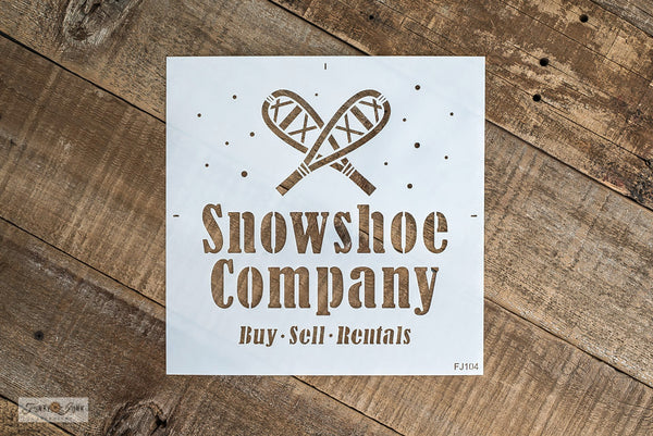 Snowshoe Company Christmas / Winter stencil by Funky Junk's Old Sign Stencils celebrates snowshoeing through the snowy outdoors! Stencil images include a bold title, Buy Sell Rentals subtext, crossed snowshoes surrounded by lightly falling snow. Sized to make wintery pillows, or a sign teamed up with real snowshoes!