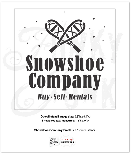 Snowshoe Company Christmas / Winter stencil by Funky Junk's Old Sign Stencils celebrates snowshoeing through the snowy outdoors! Stencil images include a bold title, Buy Sell Rentals subtext, crossed snowshoes surrounded by lightly falling snow. Sized to make wintery pillows, or a sign teamed up with real snowshoes!