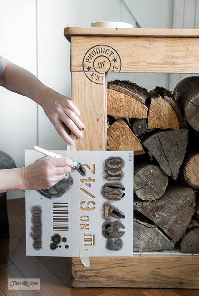 Pallet Stamps pallet stencil by Funky Junk's Old Sign Stencils is a pallet stencil designed to get the look of authentic pallet markings on any project! This pallet sign stencil is designed with random numbers, a product of export logo, scan code, and nail heads and bolt head images. Stencil crates, wood projects, and more.
