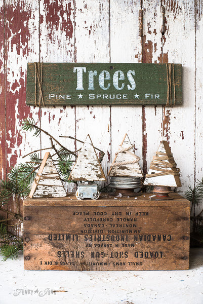 String wrapped wood scrap Christmas trees with Trees sign made with the Christmas Trees stencil from Funky Junk's Old Sign Stencils