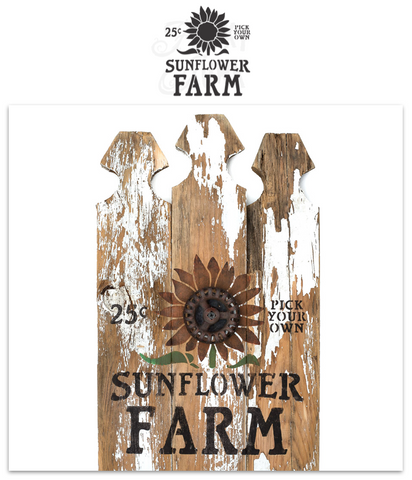 Sunflower Farm stencils by Funky Junk's Old Sign Stencils are fall-themed stencils in 2 sizes. Small includes a sunflower, 25 cents & 'pick your own', that fit crates, throw pillows or smaller fall projects. Large vertical includes a tall sunflower stalk growing inside a rustic crate sized for a vertical porch sign.