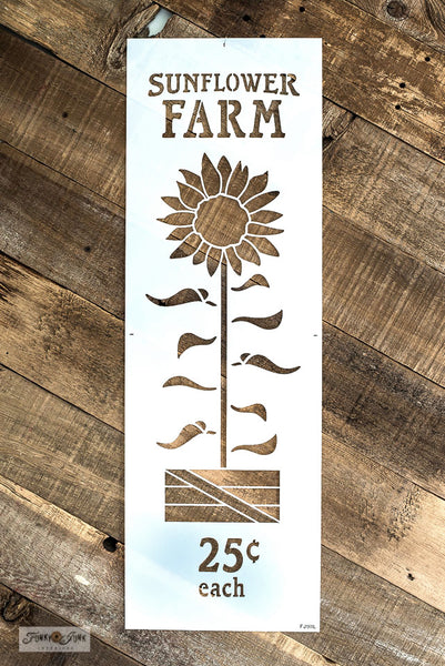 Sunflower Farm stencils by Funky Junk's Old Sign Stencils are fall-themed stencils in 2 sizes. Small includes a sunflower, 25 cents & 'pick your own', that fit crates, throw pillows or smaller fall projects. Large vertical includes a tall sunflower stalk growing inside a rustic crate sized for a vertical porch sign.