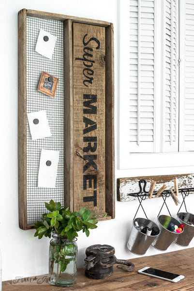 Super Market soil sifter memo board, part of Market Extensions by Funky Junk's Old Sign Stencils. Paint professional looking vintage farmhouse styled market signs with Vintage, Super, Flower and Flea.