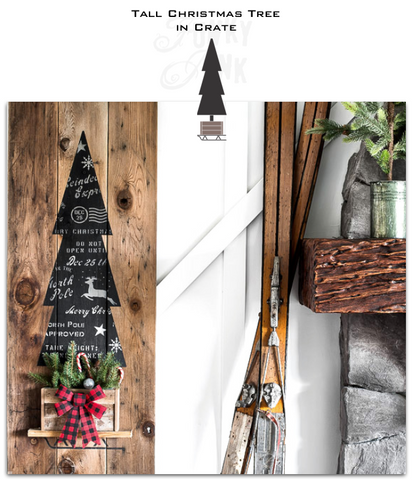 Tall Christmas Tree in Crate is a vertical winter / Christmas themed stencil that celebrates creative tree decorating! Designed as a tall evergreen tree, tucked inside a rustic crate tree skirt set on top of a sleigh. Makes the perfect front porch sign for Christmas decorating.