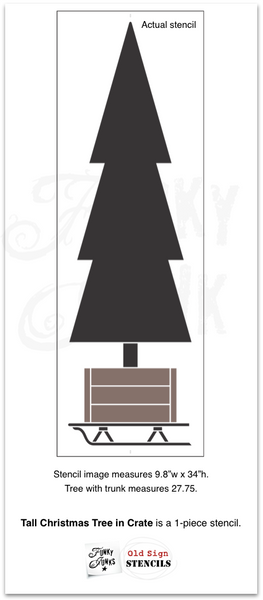 Tall Christmas Tree in Crate is a vertical winter / Christmas themed stencil that celebrates creative tree decorating! Designed as a tall evergreen tree, tucked inside a rustic crate tree skirt set on top of a sleigh. Makes the perfect front porch sign for Christmas decorating.