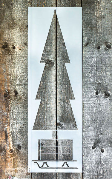 Tall Christmas Tree in Crate is a vertical winter / Christmas themed stencil that celebrates creative tree decorating! Designed as a tall evergreen tree, tucked inside a rustic crate tree skirt set on top of a sleigh. Makes the perfect front porch sign for Christmas decorating.