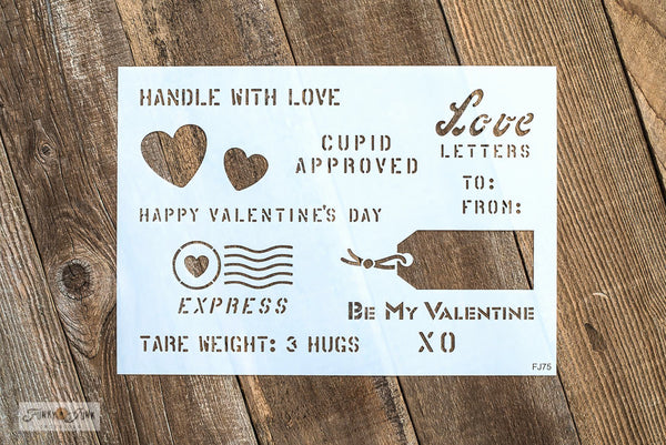 Valentine Crates stencil by Funky Junk's Old Sign Stencils is 1 stencil with multiple Valentine's Day greetings, shipping crate-style! Stencil on reclaimed wood projects, gift wrap or any small Valentine's day project. Includes a tag, hearts, crate lettering with Cupid Approved, Love Letters, XO, Be My Valentine, plus!