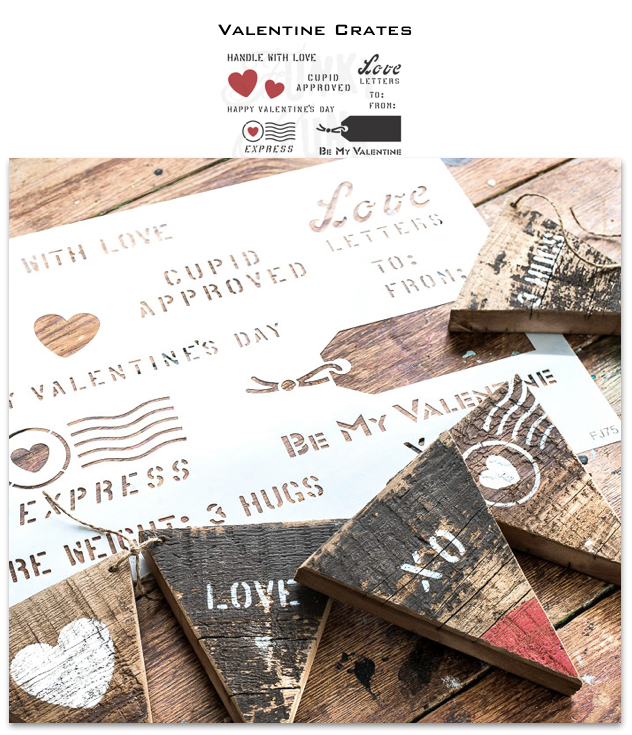 Valentine Crates is a single stencil with various Valentine's Day messages, all inspired by shipping crates! Perfect for adding a touch of love to any project or creating a fun crate-themed background. Get creative and write your own sweet nothings with this charming stencil design. 