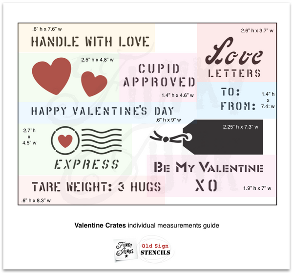 Valentine Crates stencil by Funky Junk's Old Sign Stencils is 1 stencil with multiple Valentine's Day greetings, shipping crate-style! Stencil on reclaimed wood projects, gift wrap or any small Valentine's day project. Includes a tag, hearts, crate lettering with Cupid Approved, Love Letters, XO, Be My Valentine, plus!