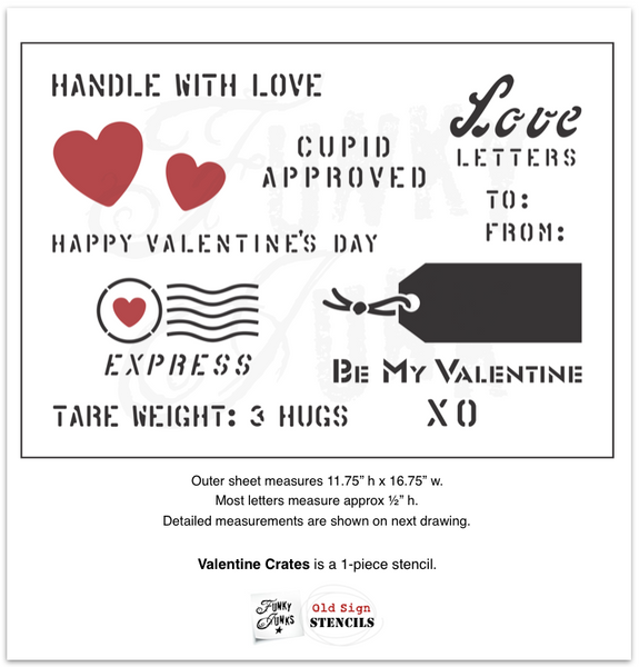 Valentine Crates stencil by Funky Junk's Old Sign Stencils is 1 stencil with multiple Valentine's Day greetings, shipping crate-style! Stencil on reclaimed wood projects, gift wrap or any small Valentine's day project. Includes a tag, hearts, crate lettering with Cupid Approved, Love Letters, XO, Be My Valentine, plus!