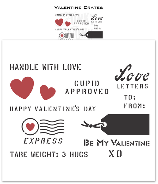 Valentine Crates stencil by Funky Junk's Old Sign Stencils is 1 stencil with multiple Valentine's Day greetings, shipping crate-style! Stencil on reclaimed wood projects, gift wrap or any small Valentine's day project. Includes a tag, hearts, crate lettering with Cupid Approved, Love Letters, XO, Be My Valentine, plus!