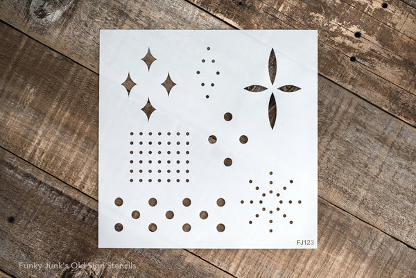 Create vintage vent holes without drilling into your projects with the Vent Holes stencil by Funky Junk's Old Sign Stencils! This 1-piece stencil offers various vintage cupboard ventilation holes or punched tin holes, scaled for larger furniture right down to small tin projects such as plant pots or buckets.