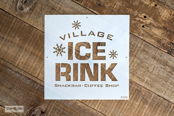 Village Ice Rink Christmas and winter stencil by Funky Junk's Old Sign Stencils offers images of ice skating the day away! Includes a bold Ice Rink title with Village, Snackbar and Coffee Shop subtext along with falling snowflakes for a perfect winter vibe. Design suits ice skating, figure skating and playing hockey.