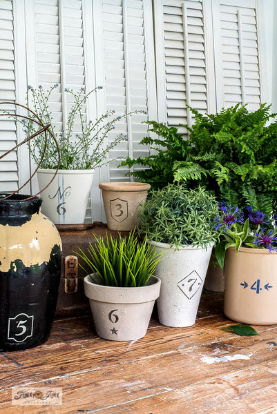 If you too adore the look and esthetic of antique crocks, the Vintage Crock Numbers stencil will be used often!  This stencil design hosts numbers from 0-9, with decorative borders mimicking authentic vintage crock numbers.  Simply position the numbers on any plant pot or DIY project to get this vintage look!
