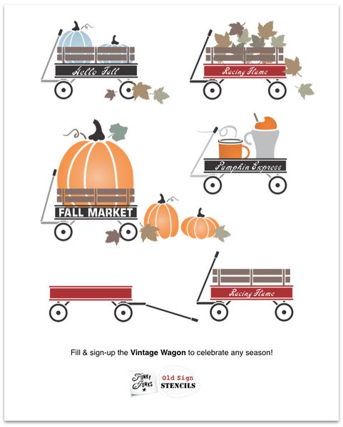 Vintage Wagon stencil by Funky Junk's Old Sign Stencils. This charming wagon stencil kit gives you the ability to build the wagon you desire, including a fencing support, whitewall tires, and a name for good measure! Fill the wagon up with seasonal items and change the name to seasonal sayings!