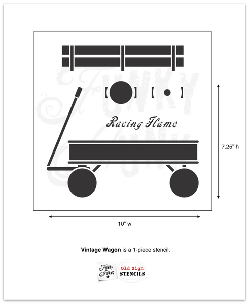 Vintage Wagon stencil by Funky Junk's Old Sign Stencils. This charming wagon stencil kit gives you the ability to build the wagon you desire, including a fencing support, whitewall tires, and a name for good measure! Fill the wagon up with seasonal items and change the name to seasonal sayings!