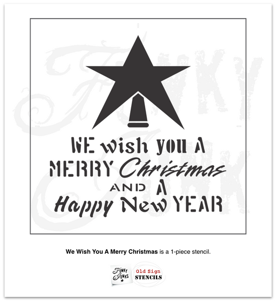 We Wish You A Merry Christmas stencil by Funky Junk's Old Sign Stencils is a Christmas stencil designed with the message styled in different casual rustic fonts, topped with a large Christmas tree star. Would be perfect for a Christmas front door mat or Christmas pillow design!