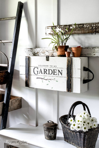 Welcome To My Garden by Funky Junk's Old Sign Stencils. Paint professional looking garden themed signs onto reclaimed wood in minutes with this summer infused stencil design complete with a whimsical branch graphic.