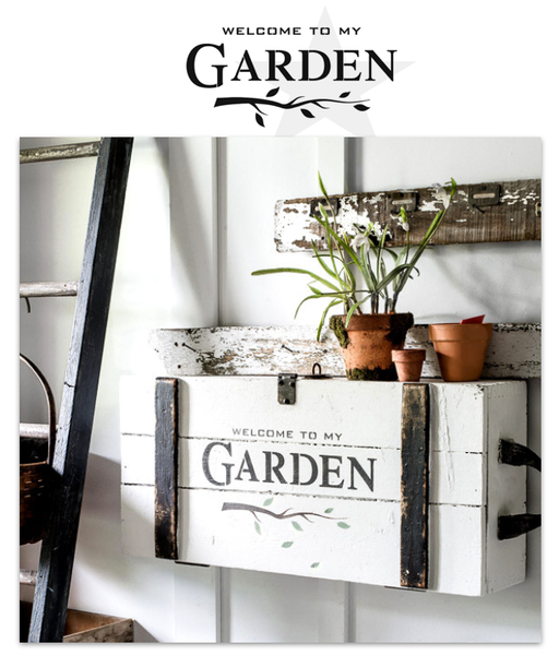 Welcome To My Garden by Funky Junk's Old Sign Stencils. Paint professional looking garden themed signs onto reclaimed wood in minutes with this summer infused stencil design complete with a whimsical branch graphic.