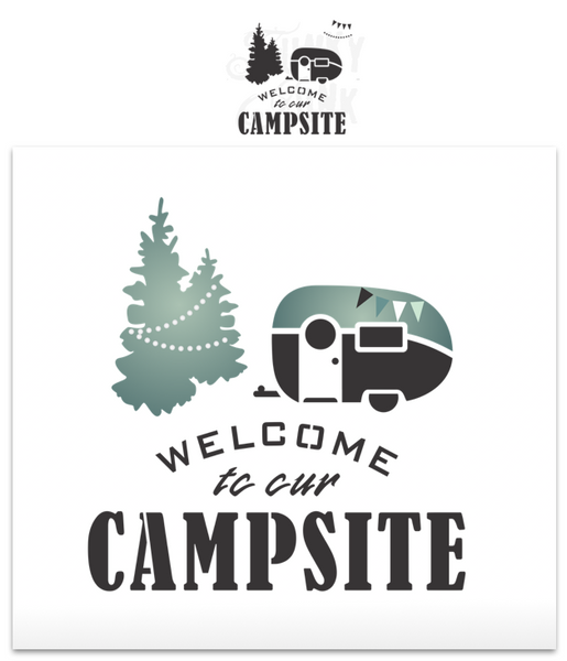 Welcome to our Campsite is a repeating, reusable camping stencil that celebrates your summer vacation home away from home! Comes with text, retro camper, evergreen trees, along with banner and string light graphics to decorate the camper and trees with.