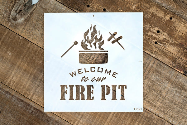 Welcome to our Fire Pit by Funky Junk's Old Sign Stencils is a high quality, reusable outdoor adventure stencil that celebrates your love for roasting s'mores and hot dogs around a warm, crackling fire! Comes with text, a roaring fire from a fire ring, along with a marshmallow and hot dogs on roasting sticks.