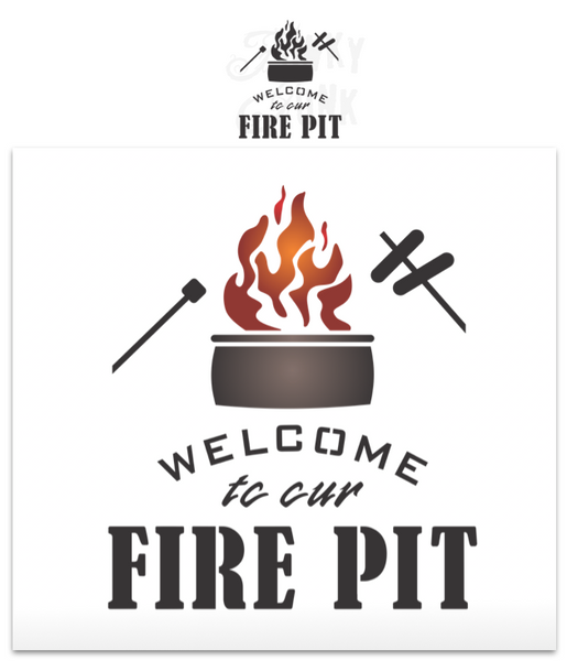 Welcome to our Fire Pit by Funky Junk's Old Sign Stencils is a high quality, reusable outdoor adventure stencil that celebrates your love for roasting s'mores and hot dogs around a warm, crackling fire! Comes with text, a roaring fire from a fire ring, along with a marshmallow and hot dogs on roasting sticks.
