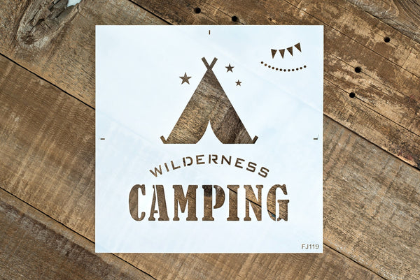 Wilderness Camping by Funky Junk's Old Sign Stencils is a high quality reusable camping stencil that celebrates your summer vacation home away from home! Comes with text, pop up tent, night stars, along with banner and string light graphics to decorate the tent with.