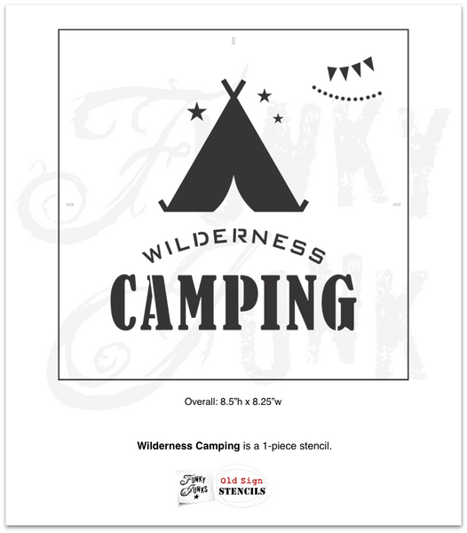 Wilderness Camping by Funky Junk's Old Sign Stencils is a high quality reusable camping stencil that celebrates your summer vacation home away from home! Comes with text, pop up tent, night stars, along with banner and string light graphics to decorate the tent with.