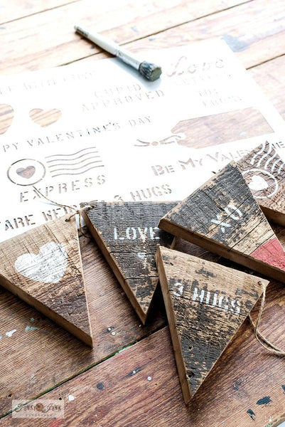 Make this rustic scrap wood Valentine's Day banner with Valentine Crates and Tic Tac Toe from Funky Junk's Old Sign Stencils!