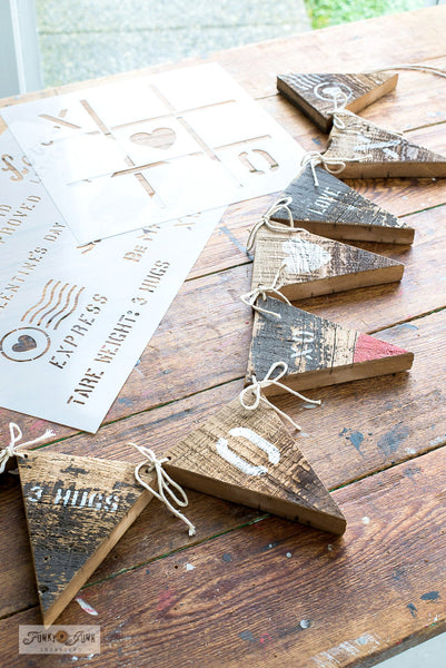 Make this rustic scrap wood Valentine's Day banner with Valentine Crates and Tic Tac Toe from Funky Junk's Old Sign Stencils!