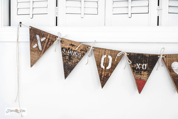 Make this rustic scrap wood Valentine's Day banner with Valentine Crates and Tic Tac Toe from Funky Junk's Old Sign Stencils!
