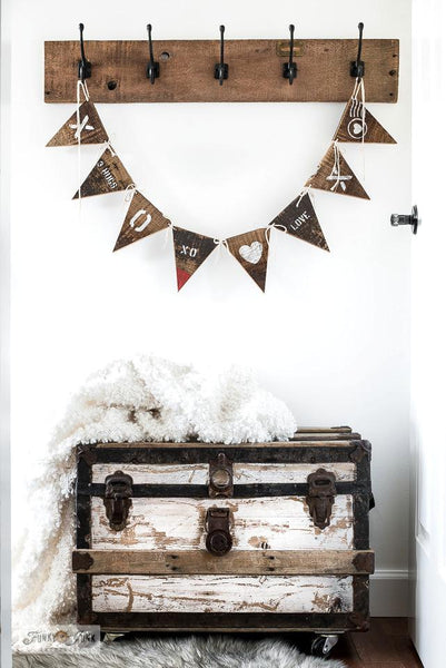 Make this rustic scrap wood Valentine's Day banner with Valentine Crates and Tic Tac Toe from Funky Junk's Old Sign Stencils!