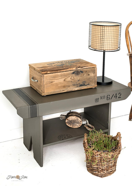 Grain Sack Stripe G1L and Pallet Stamps stencils detail a little vintage bench!