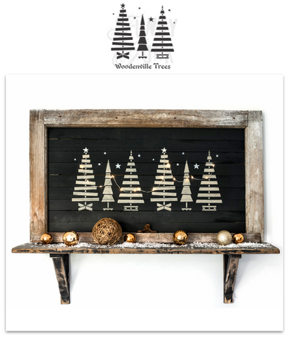 Woodenville Trees Christmas stencil by Funky Junk's Old Sign Stencils helps recreate your love for all things pallet wood Christmas trees! Images include 3 unique wooden Christmas trees each styled differently, with 3 different pallet Christmas tree skirts, wonky sparkling stars and a Woodenville Trees Christmas sign.