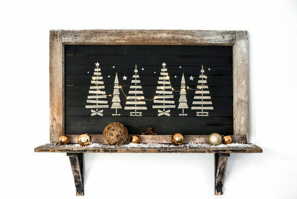 Woodenville Trees Christmas stencil by Funky Junk's Old Sign Stencils helps recreate your love for all things pallet wood Christmas trees! Images include 3 unique wooden Christmas trees each styled differently, with 3 different pallet Christmas tree skirts, wonky sparkling stars and a Woodenville Trees Christmas sign.