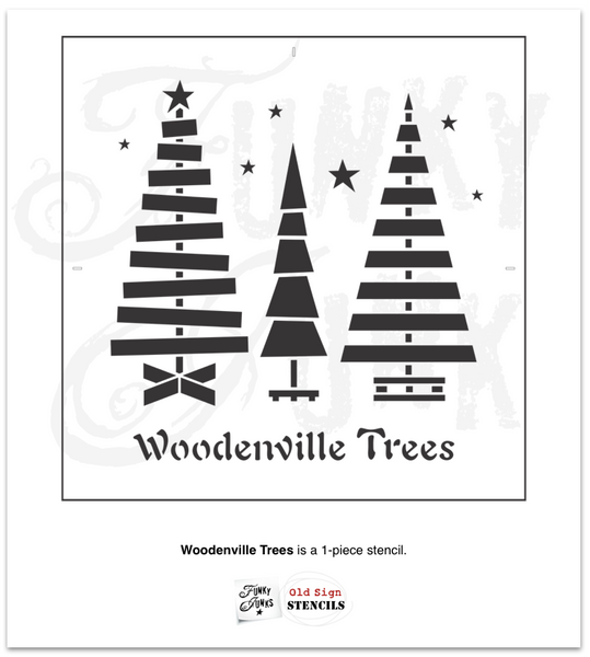 Woodenville Trees Christmas stencil by Funky Junk's Old Sign Stencils helps recreate your love for all things pallet wood Christmas trees! Images include 3 unique wooden Christmas trees each styled differently, with 3 different pallet Christmas tree skirts, wonky sparkling stars and a Woodenville Trees Christmas sign.