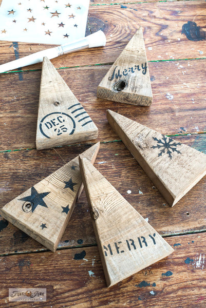 Mini Christmas Patterns and Christmas Crates stencil designs are used to decorate these adorable scrap wood trees! With Funky Junk's Old Sign Stencils. 