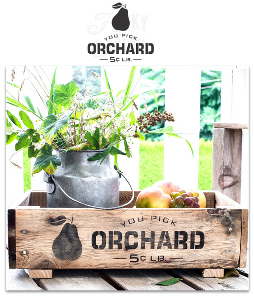 You Pick Orchard 5 cents LB. by Funky Junk's Old Sign Stencils is a fruit crate  sign stencil that celebrates your favorite seasonal fruit, fresh off the farm! It comes with a pear graphic and is sized to fit most crate sizes and 20" pillows.