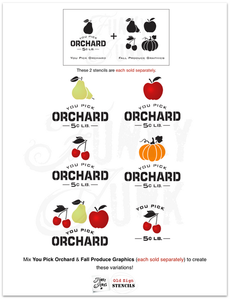 Mix and match the fall stencils You Pick Orchard and Fall Produce Graphics (each sold separately) to create these Pie variations!  By Funky Junk's Old Sign Stencils.