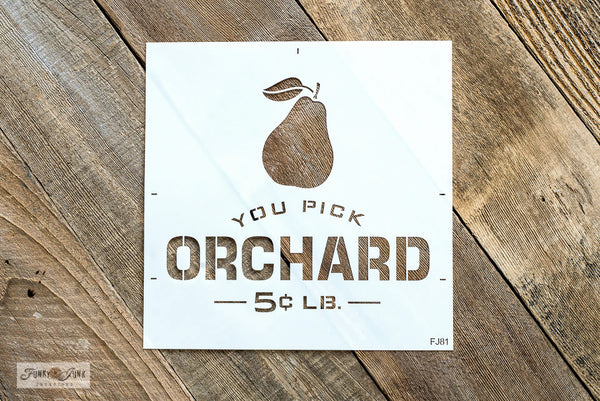 You Pick Orchard 5 cents LB. by Funky Junk's Old Sign Stencils is a fruit crate sign stencil that celebrates your favorite seasonal fruit, fresh off the farm! It comes with a pear graphic and is sized to fit most crate sizes and 20" pillows.