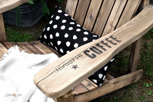 Stencil up an old adirondack chair to look as if it was made out of pallets with Organic Coffee and Shipping Crate Stamps by Funky Junk's Old Sign Stencils!