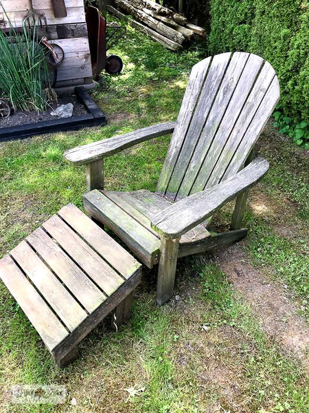 An adirondack chair that has seen better days. Click here to see the drastic pallet after using Funky Junk's Old Sign Stencils!