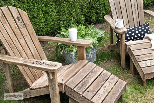 Add pallet details to adirondack chairs or any wood project with the Shipping Crate Stamps stencil by Funky Junk's Old Sign Stencils!