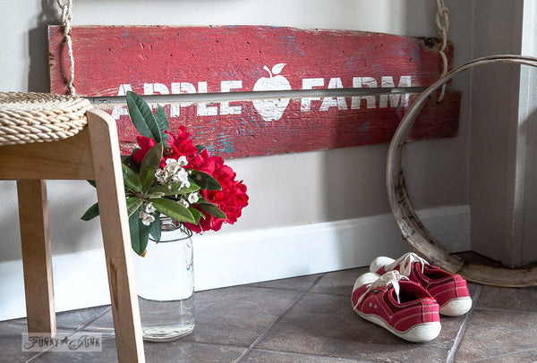 Apple Farm stencil by Funky Junk's Old Sign Stencils. Celebrate your love for fall produce, by painting your own apple farm sign onto wood or old crates! Includes a whimsical apple graphic.