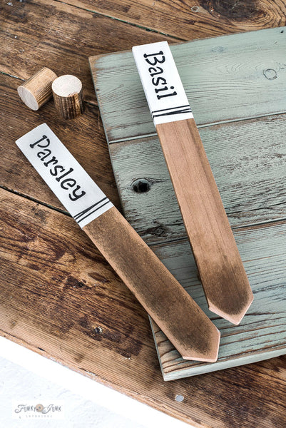 Create this whimsical Garden Cafe tray with garden stake handles with Funky Junk's Old Sign Stencils!