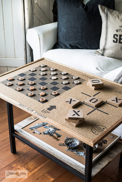 Learn how to make this DIY Checkers and Tic Tac Toe game board and puzzle board with a bulletin board and Funky Junk's Old Sign Stencils!